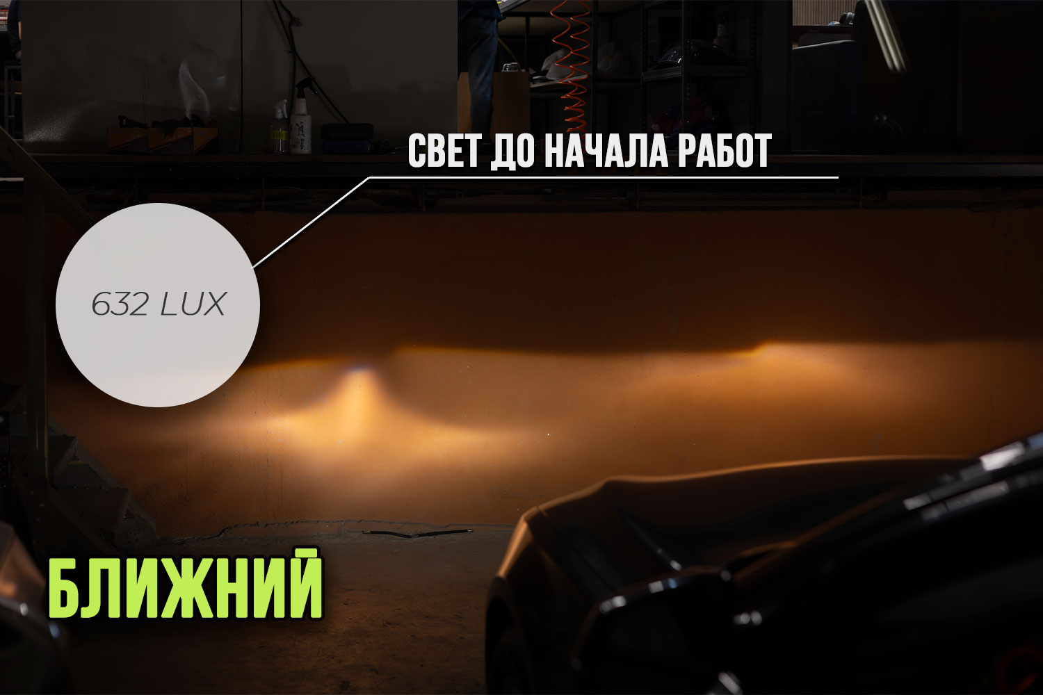Ближний свет BMW 7 F01 до работ: тусклый жёлтый разлив на стене, 632 люкса