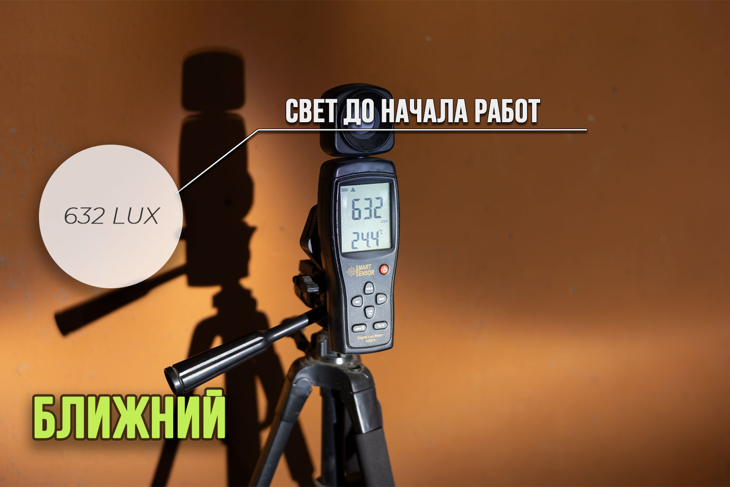 Люксметр на штативе показывает 632 люкса — замер ближнего света фары до ремонта