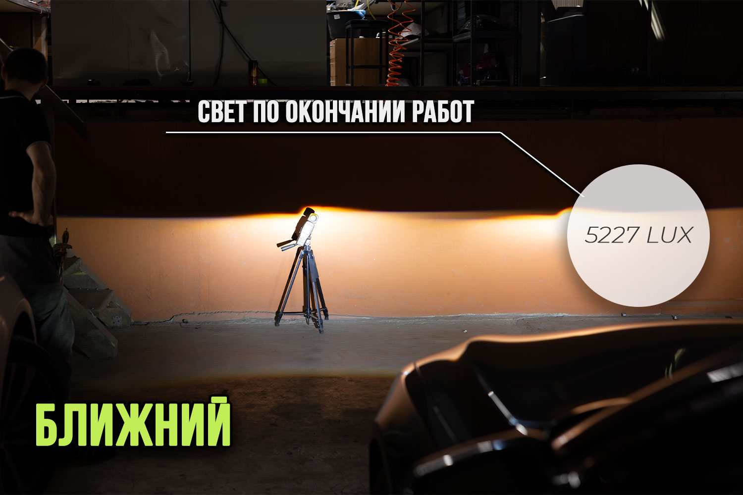 Ближний свет той же BMW 7 F01 после работ: яркий пучок с чёткой светотеневой границей, 5227 люксов