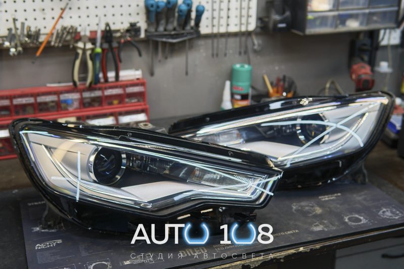 Собранные фары Audi A6 C7 с Bi-LED линзами и новыми стёклами