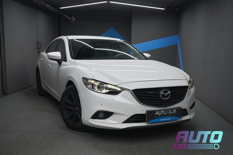 Белая Mazda 6 GJ в студии «Авто-108» после замены стёкол и линз